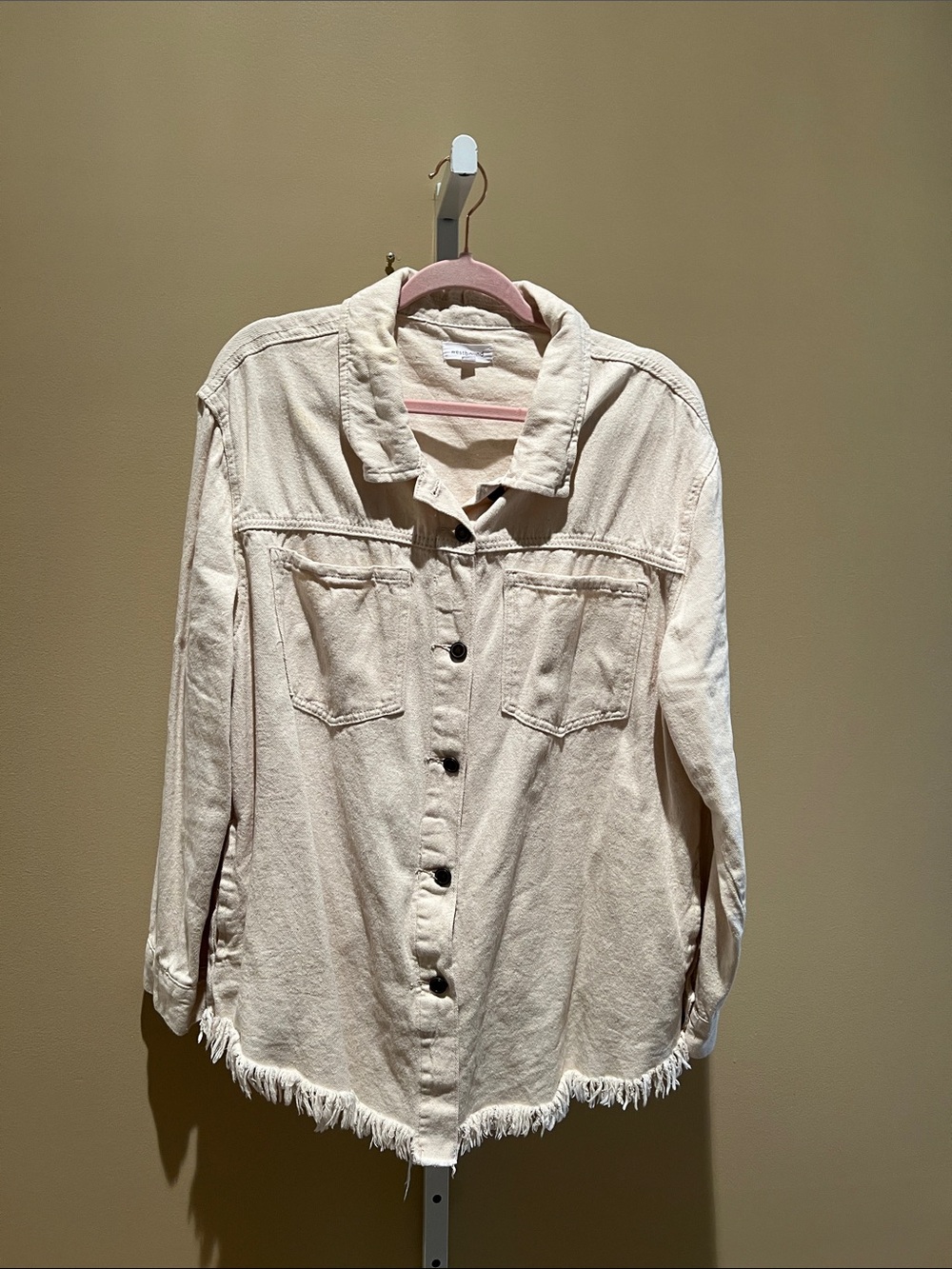Westbound Cream Button-Down Shacket with Frayed Hem